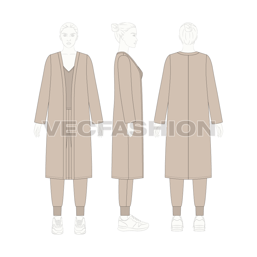 Women loungewear set, three piece flat sketch, croqui sketch