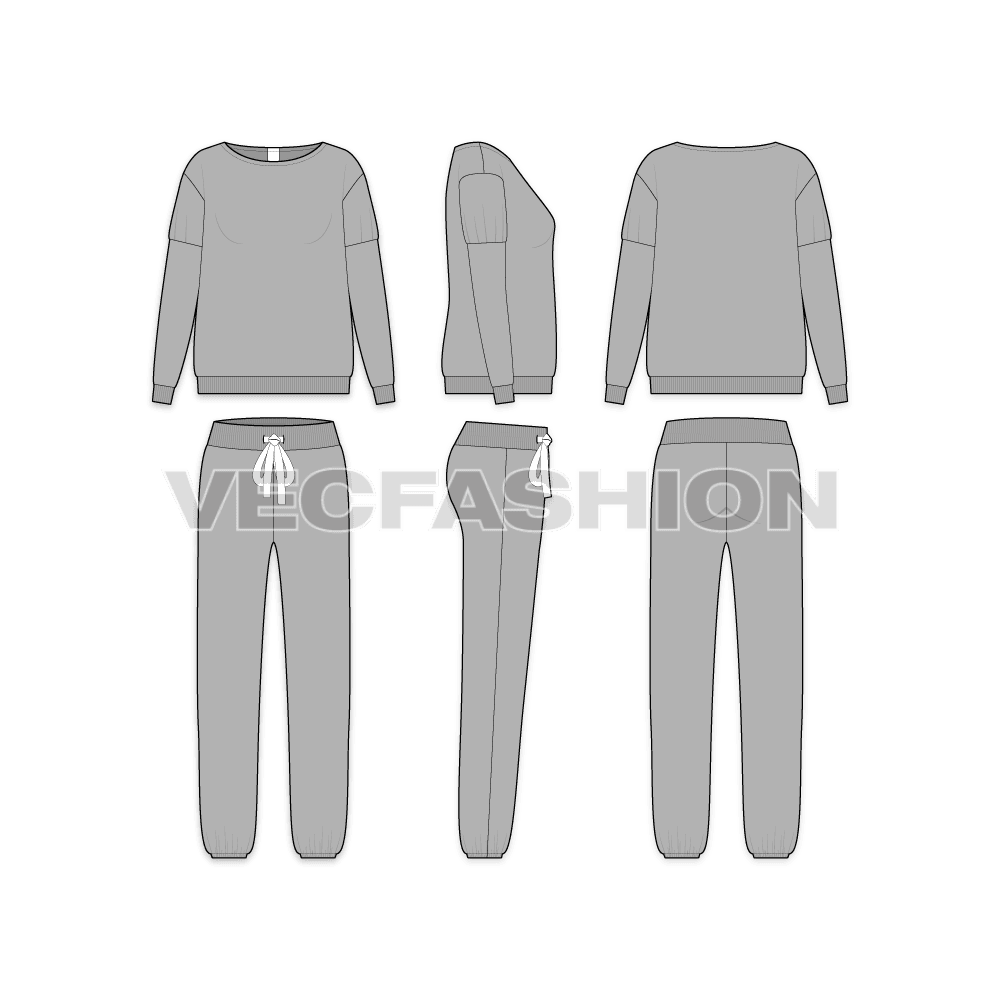 Women loungewear sweatsuit flat sketch, showing all views, front, side and back