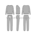 Women loungewear sweatsuit flat sketch, showing all views, front, side and back