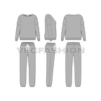 Women loungewear sweatsuit flat sketch, showing all views, front, side and back