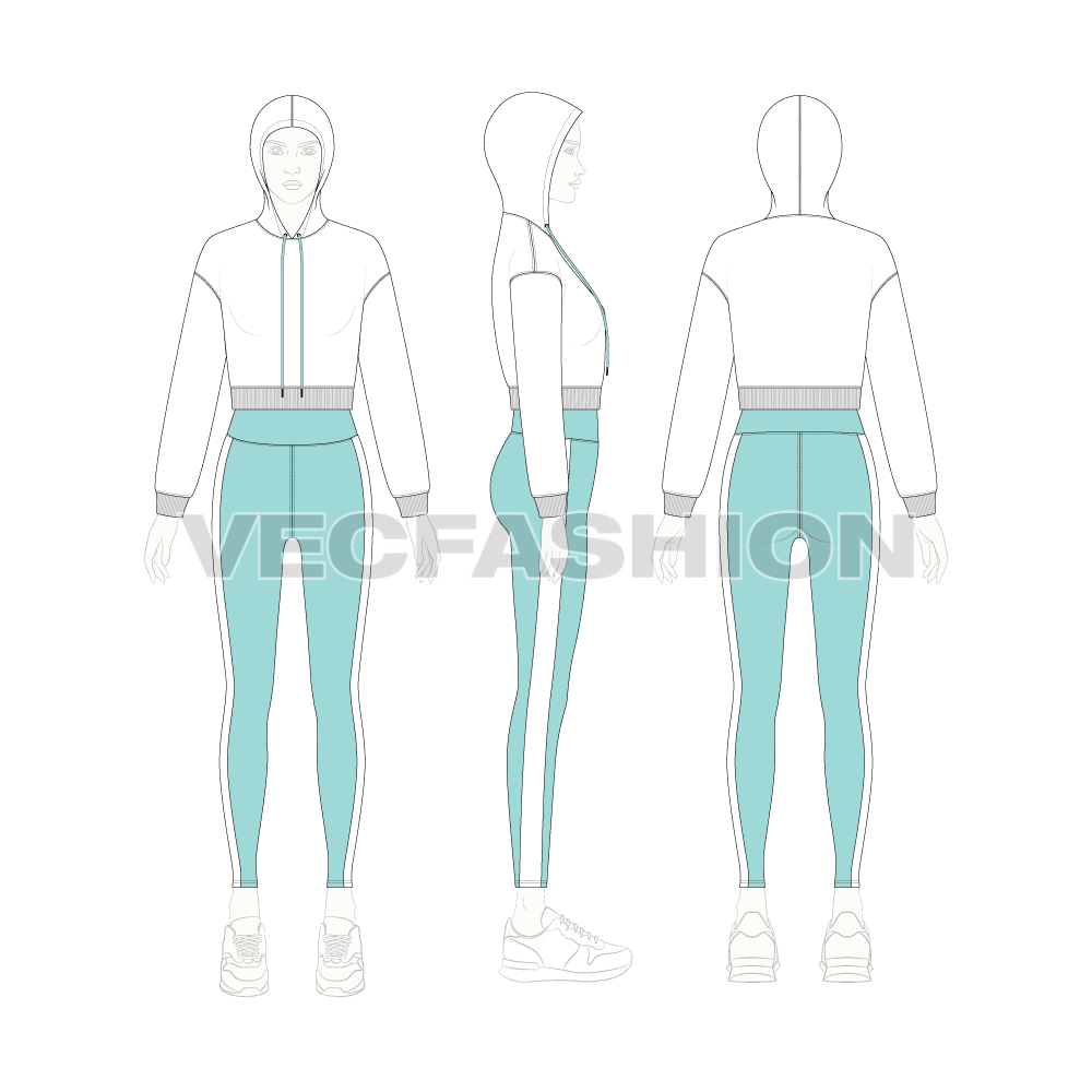 Women running tracksuit, white flat sketch, on croqui