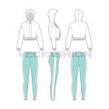 Women running tracksuit, white flat sketch, showing all views, front, side and back