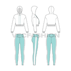 Women running tracksuit, white flat sketch, showing all views, front, side and back