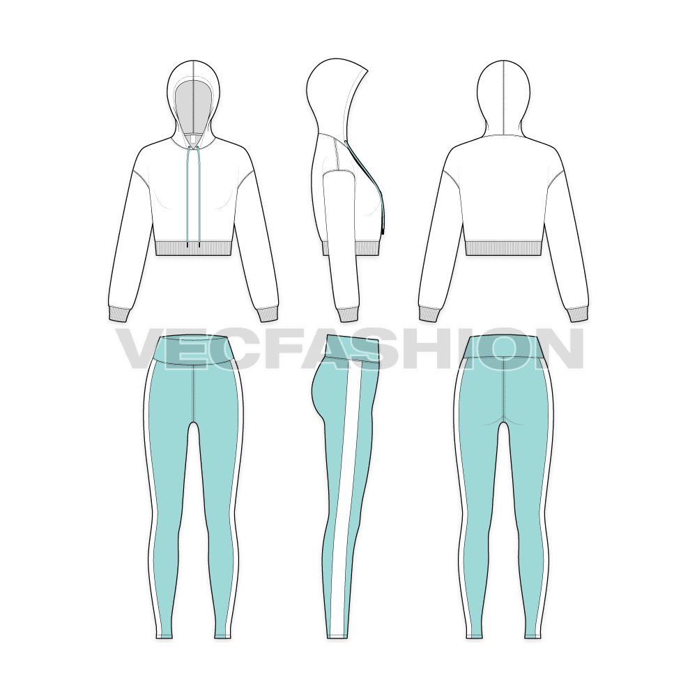 Women running tracksuit, white flat sketch, showing all views, front, side and back