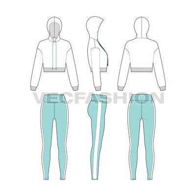 Women running tracksuit, white flat sketch, showing all views, front, side and back