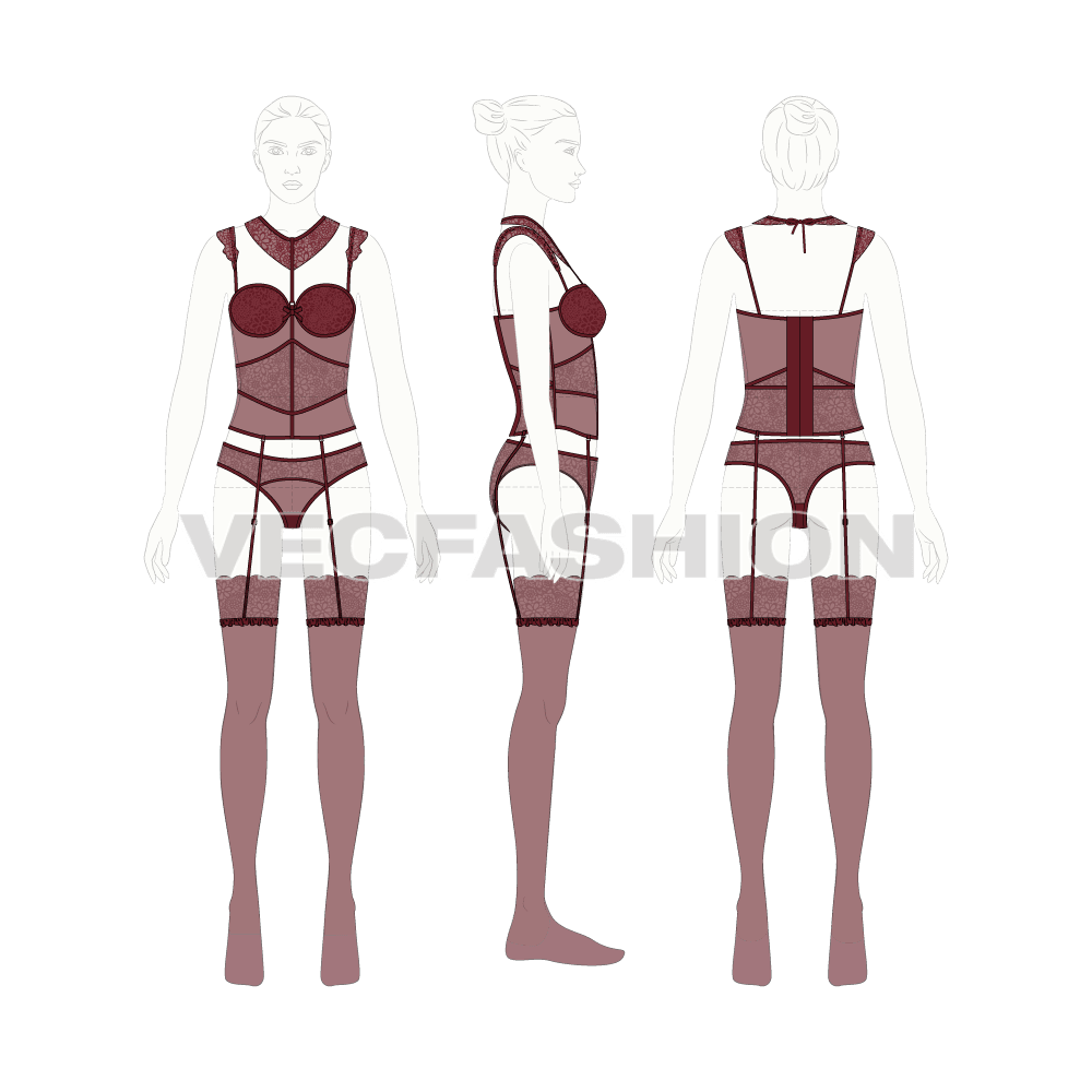 Women seductive lingerie set flat sketch, croqui sketch