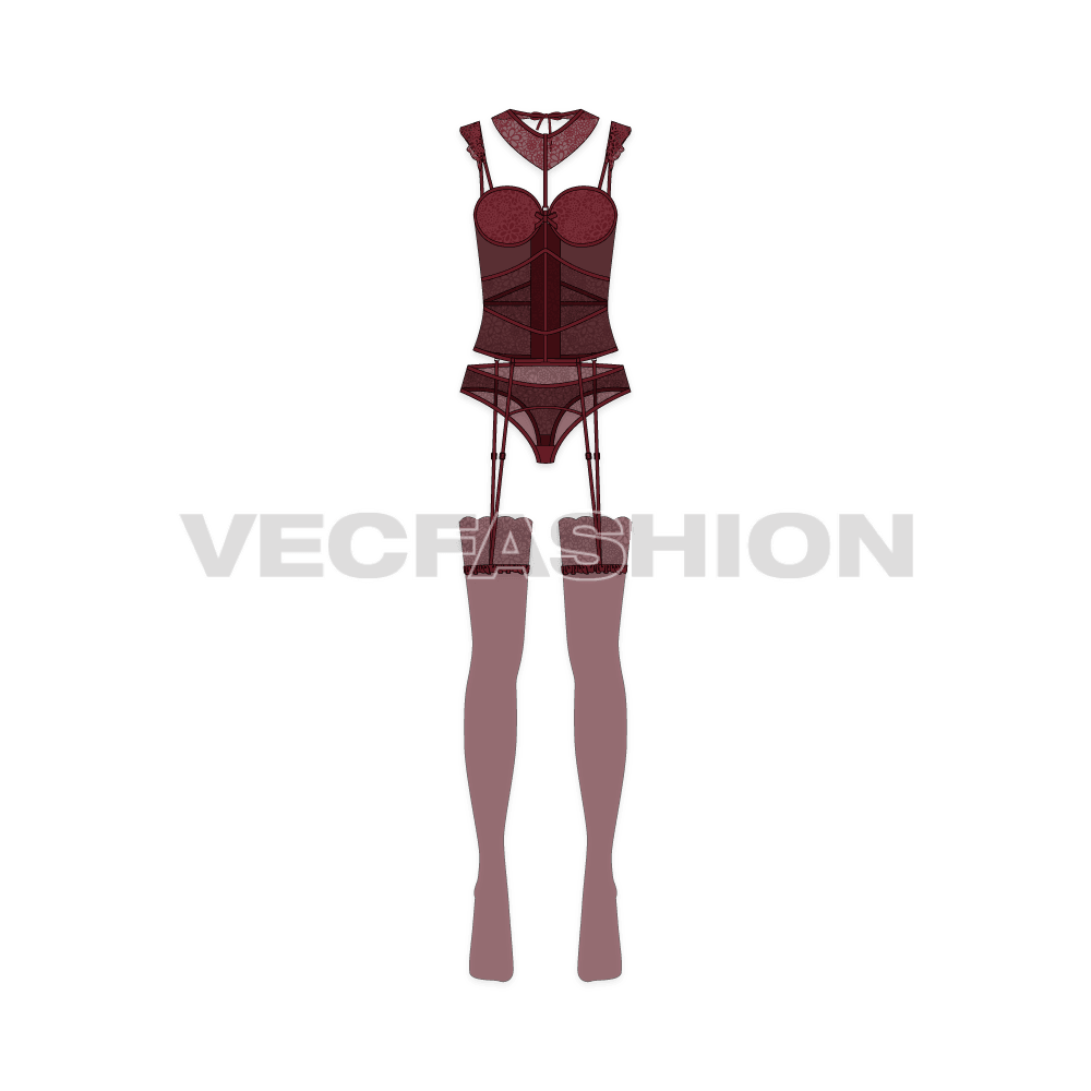 Women seductive lingerie set flat sketch, front view