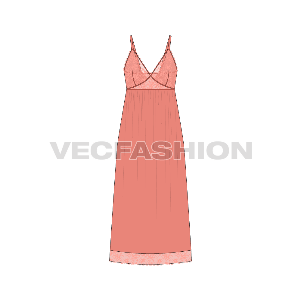 Women sexy lace chemise dress flat sketch, front view