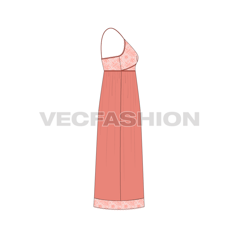 Women sexy lace chemise dress flat sketch, side view