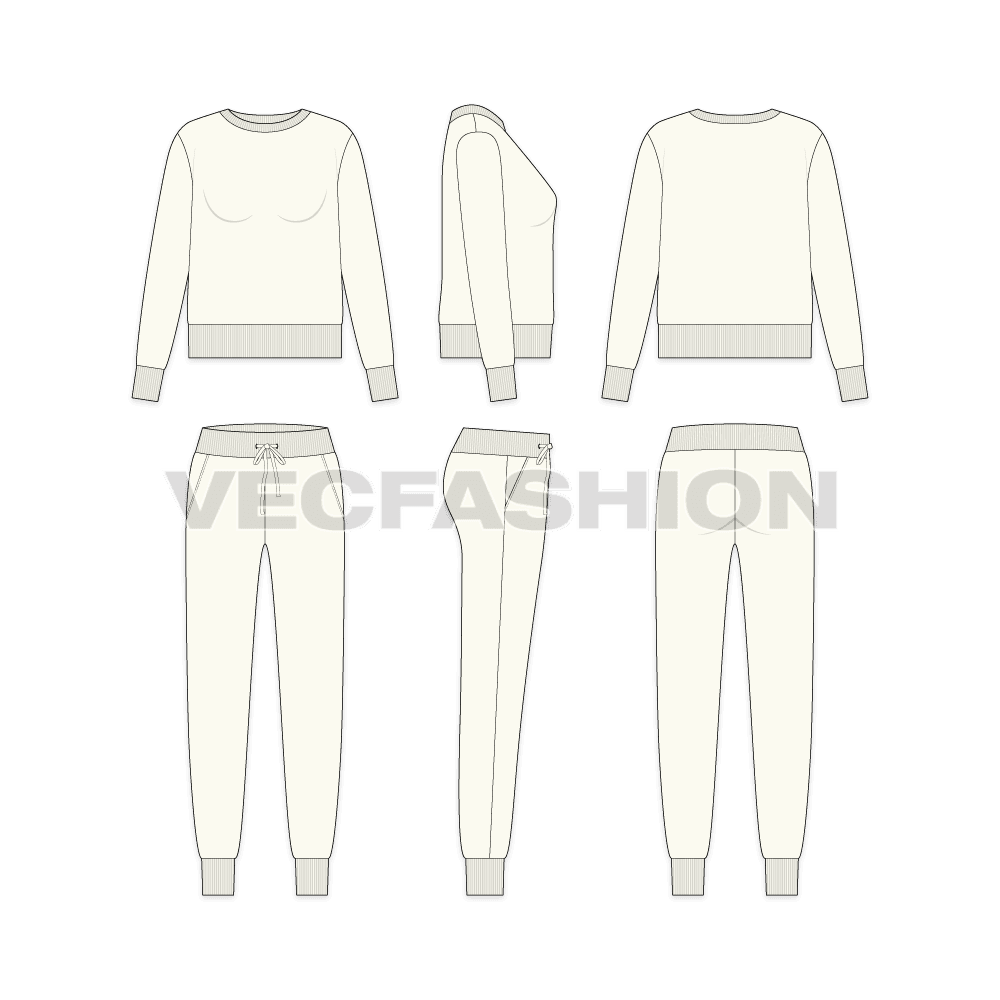 Women short body sweatsuit flat sketch, showing all views, front, side and back