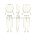 Women short body sweatsuit flat sketch, showing all views, front, side and back