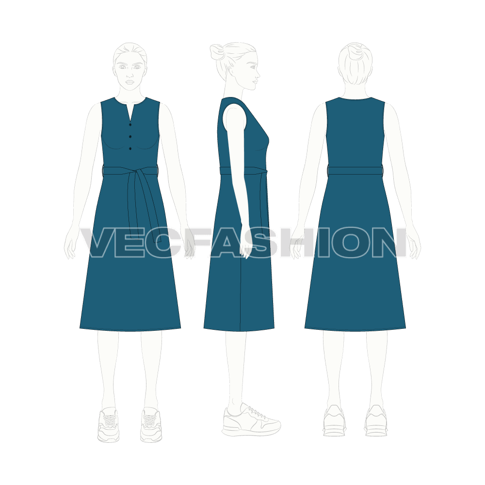 Women sleeveless kurti flat sketch, croqui sketch