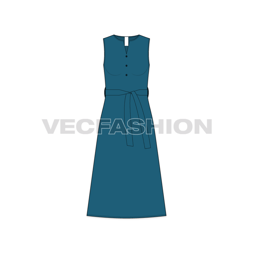 Women sleeveless kurti flat sketch, front view
