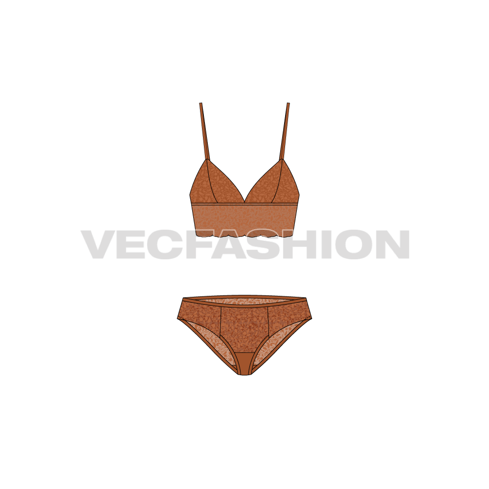Women spaghetti strap lingerie set flat sketch, front view