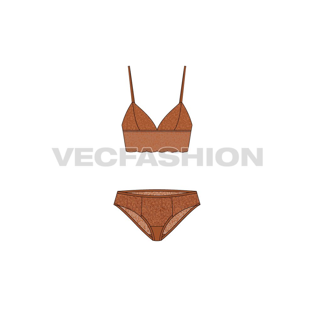Vetor de Set of lingerie - bra underwire and french knickers technical  fashion illustration with escalloped edge. Flat brassiere template front,  back, grey color style. Women, men, unisex underwear CAD mockup do