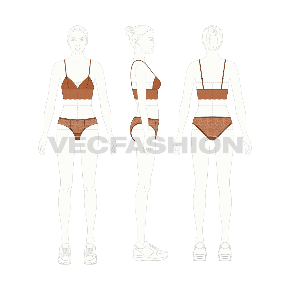 Women spaghetti strap lingerie set flat sketch, croqui sketch
