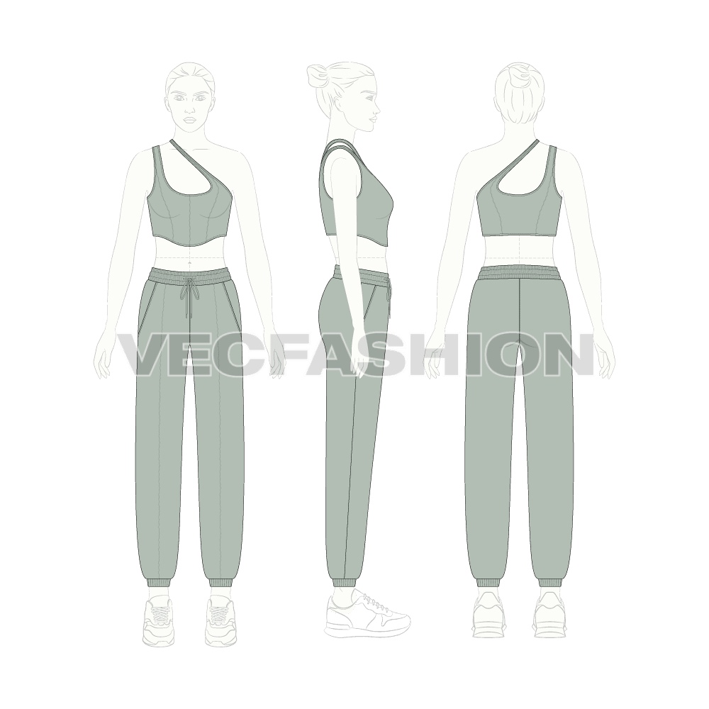 Women sport tracksuit flat sketch, on croqui