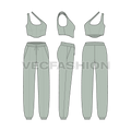 Women sport tracksuit flat sketch, showing all views, front, side and back