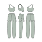 Women sport tracksuit flat sketch, showing all views, front, side and back