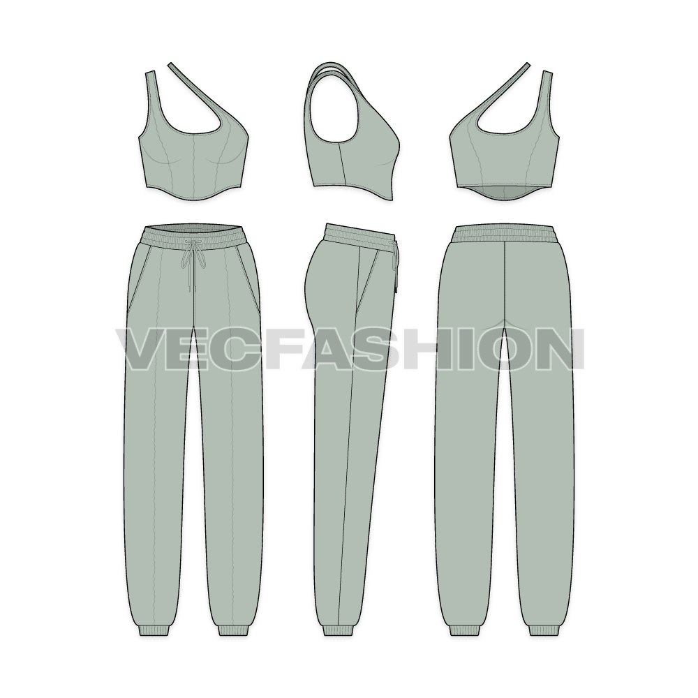 Women sport tracksuit flat sketch, showing all views, front, side and back