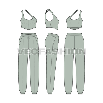 Women sport tracksuit flat sketch, showing all views, front, side and back