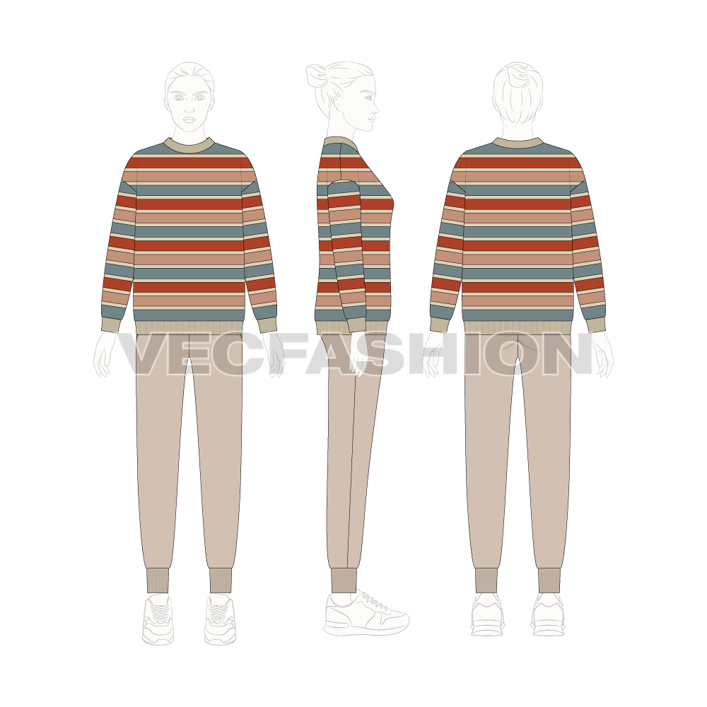 Womens striped pullover sweater flat sketch, croqui sketch