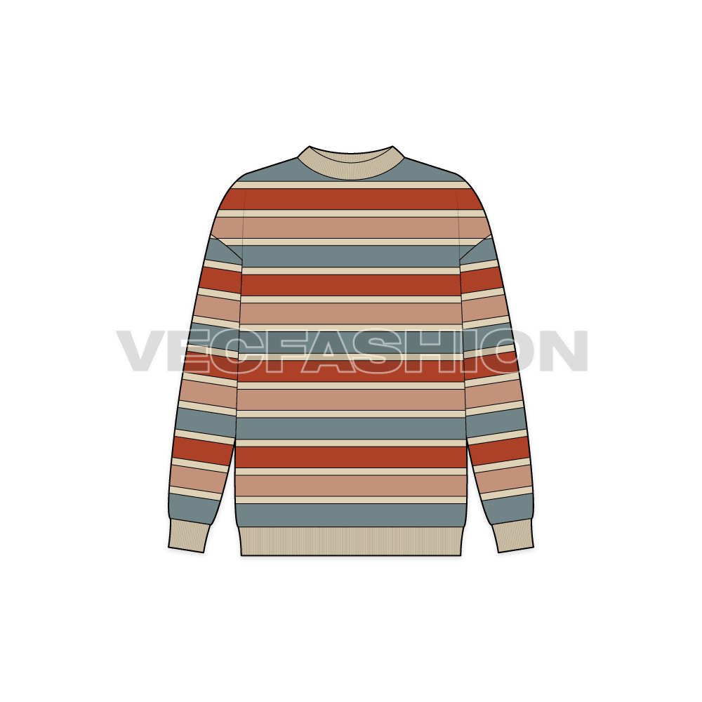 Womens striped pullover sweater flat sketch, front view