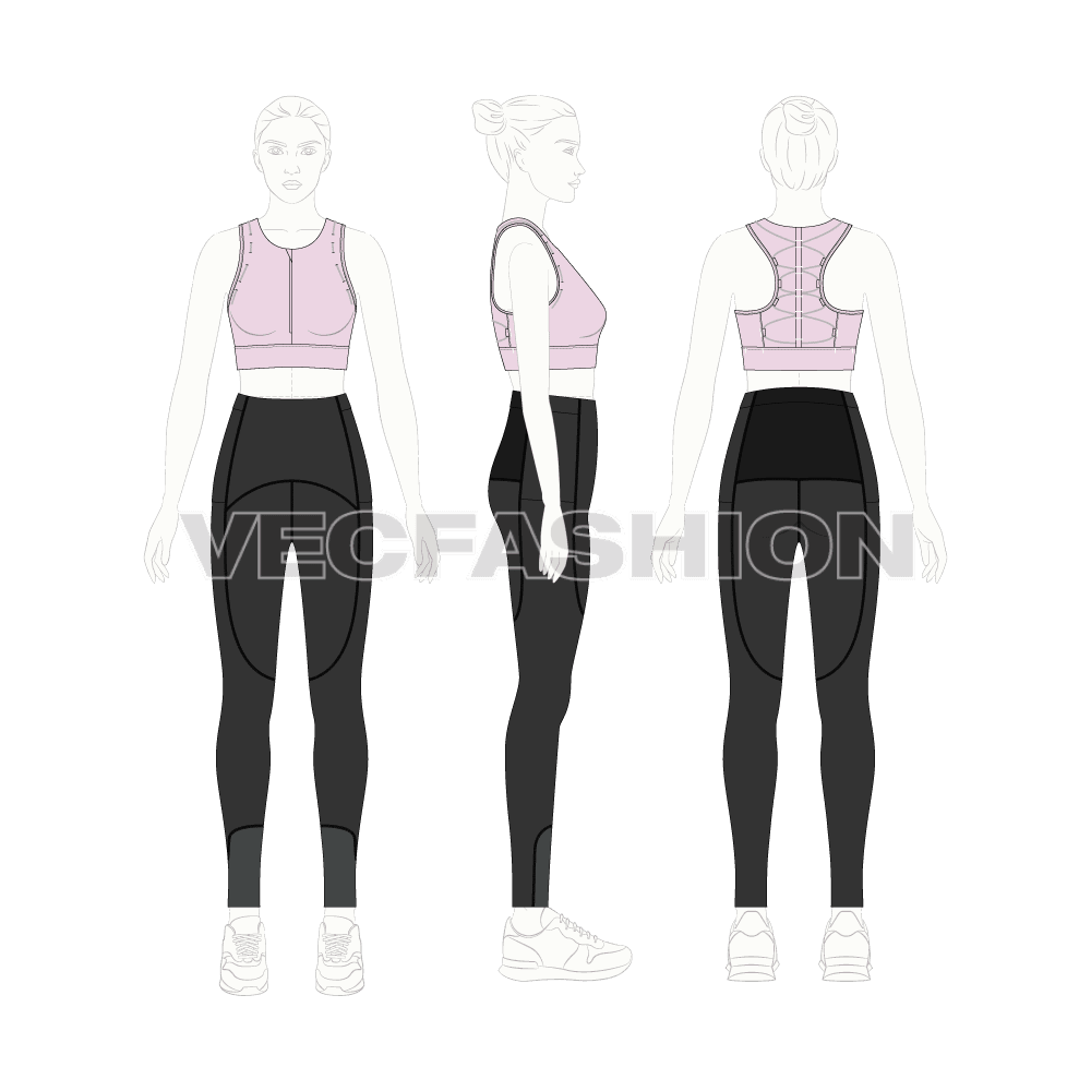 Women workout set flat sketch, on croqui