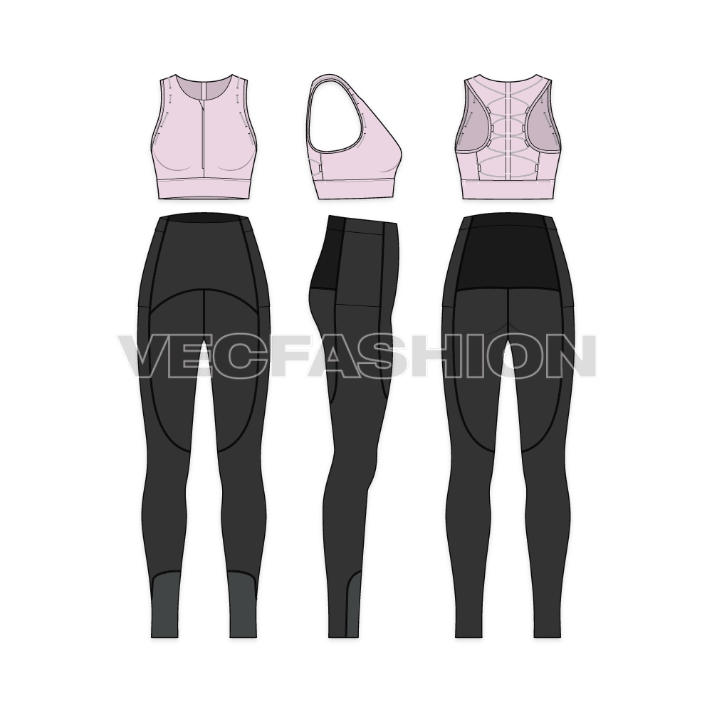 Women workout set flat sketch, showing all views, front, side and back