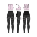 Women workout set flat sketch, showing all views, front, side and back