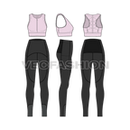Women workout set flat sketch, showing all views, front, side and back