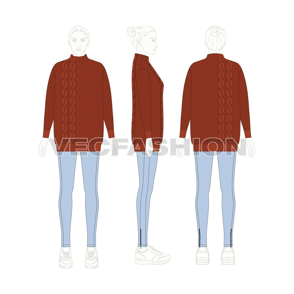 Womens cable knit sweater flat sketch, croqui sketch