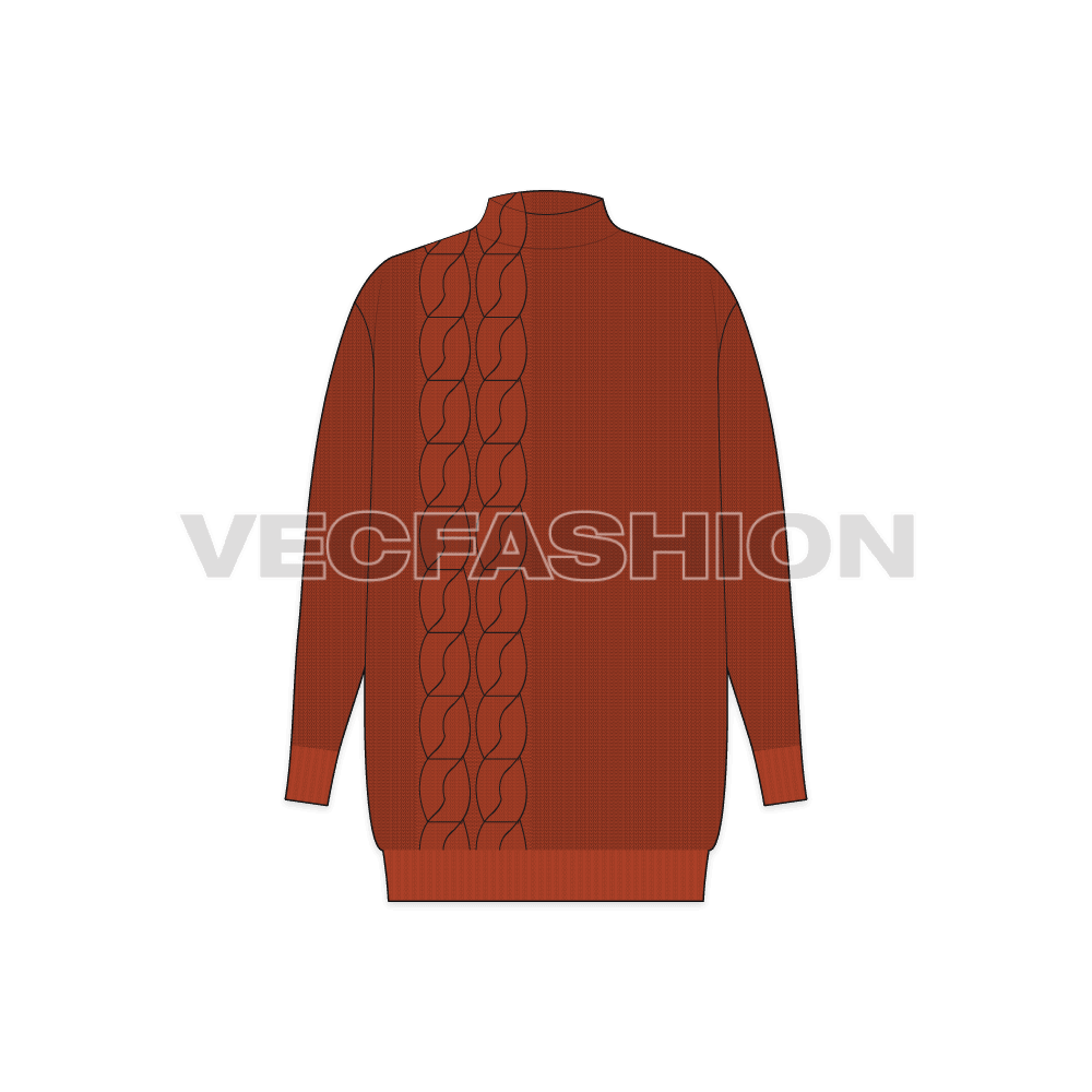 Womens cable knit sweater flat sketch, front view