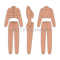 Womens crop sweatsuit, pajama set flat sketch, showing all views, front, side and back