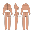 Womens crop sweatsuit, pajama set flat sketch, showing all views, front, side and back