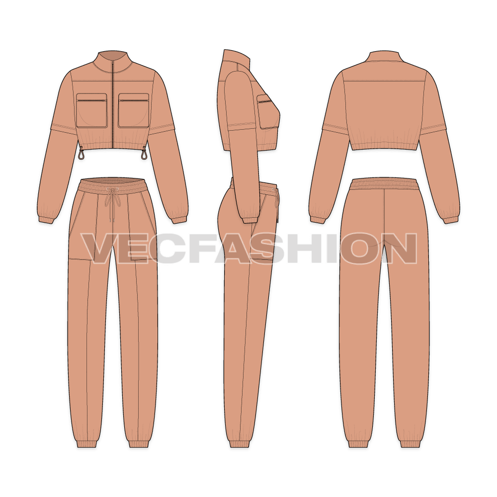 Womens crop sweatsuit, pajama set flat sketch, showing all views, front, side and back