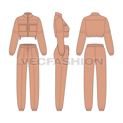 Womens crop sweatsuit, pajama set flat sketch, showing all views, front, side and back