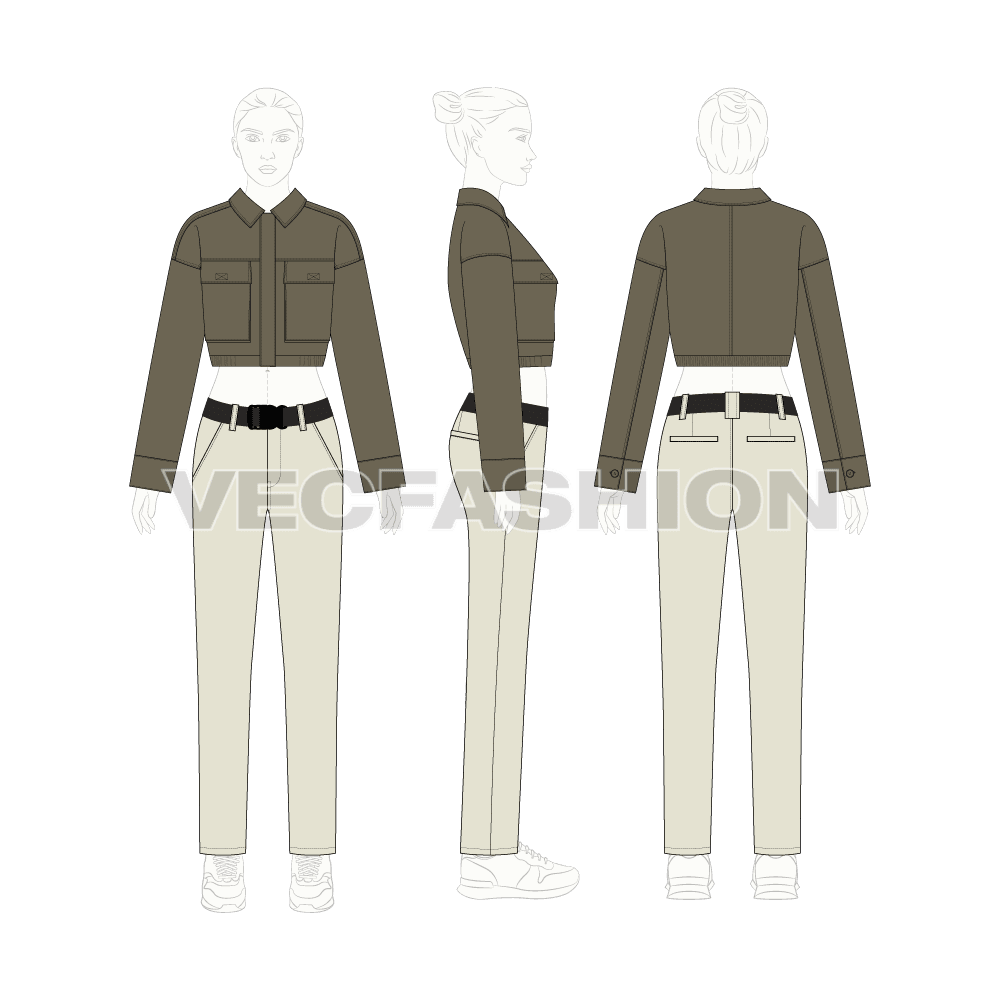 Womens Cropped Jacket flat sketch, croqui sketch