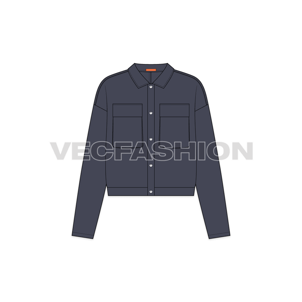 Womens denim overshirt flat sketch, front view