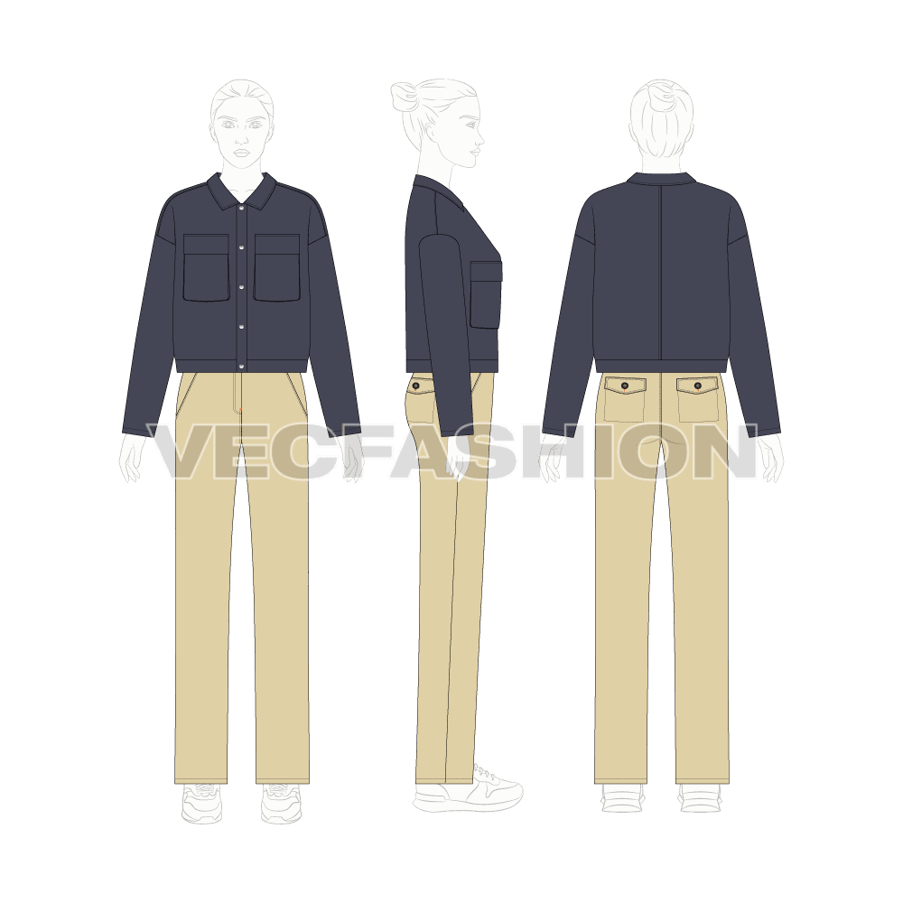 Womens denim overshirt flat sketch, croqui sketch