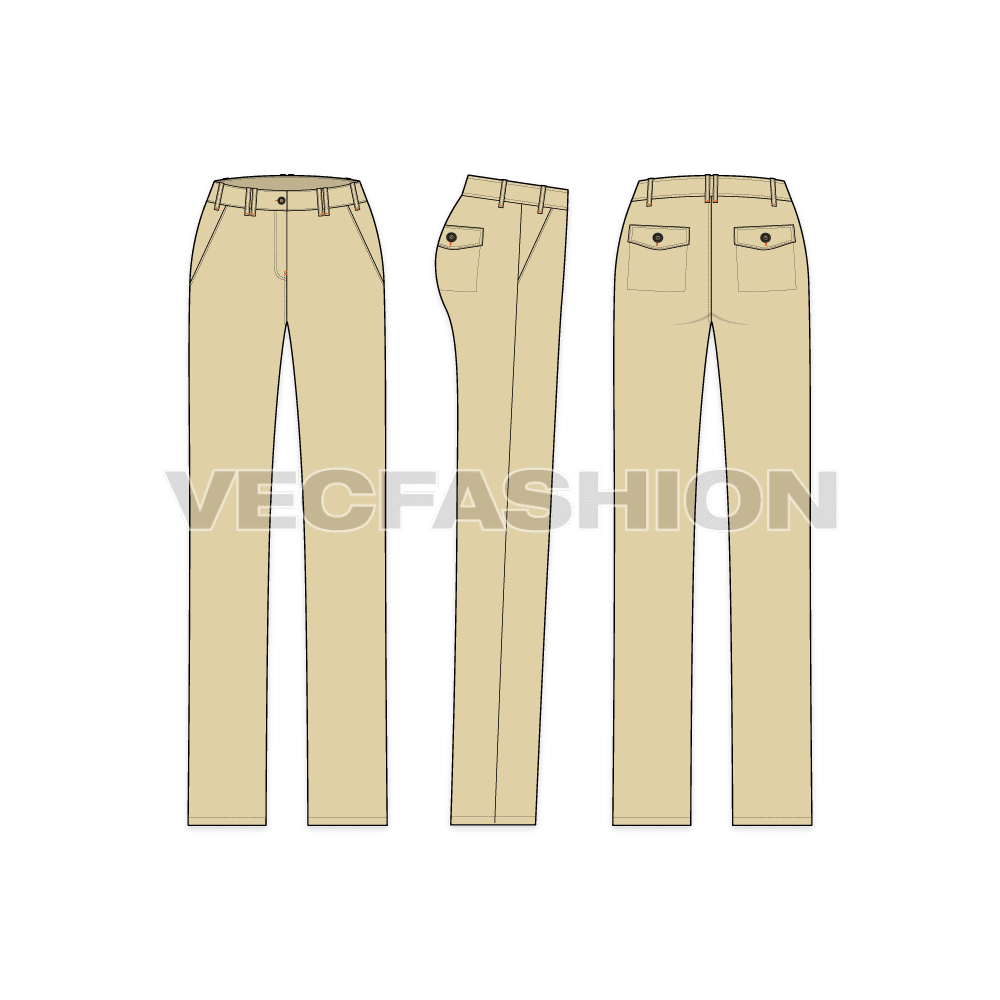 Womens denim overshirt flat sketch, matching khaki chinos