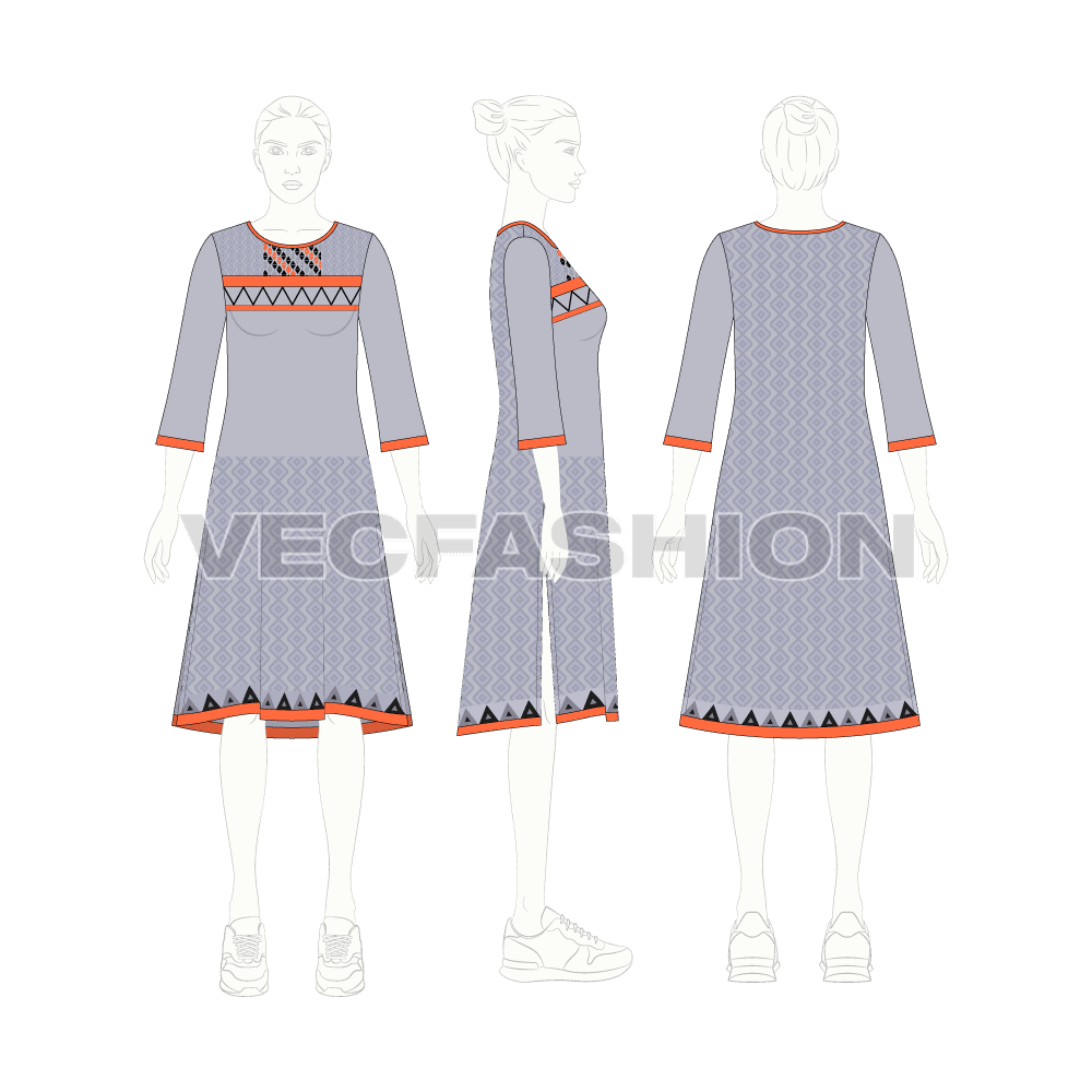 Womens kurti shirt dress flat sketch, croqui sketch