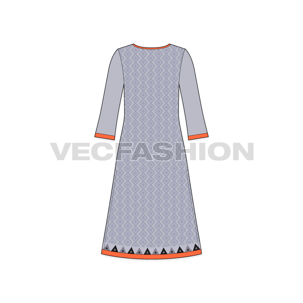 Womens kurti shirt dress flat sketch, back view