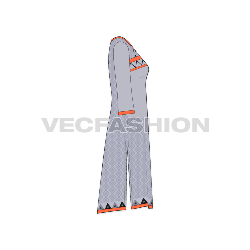 Womens kurti shirt dress flat sketch, side view