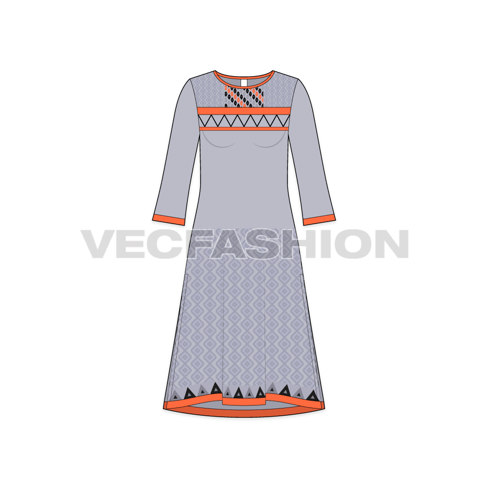 Womens kurti shirt dress flat sketch, front view