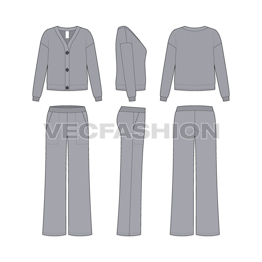 Womens lounge wear set, cardigan flat sketch, showing all views, front, side and back