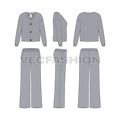 Womens lounge wear set, cardigan flat sketch, showing all views, front, side and back
