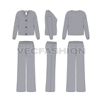 Womens lounge wear set, cardigan flat sketch, showing all views, front, side and back