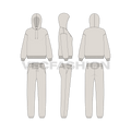 Womens oversized hoodie sweatsuit flat sketch, showing all views, front, side and back