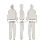 Womens oversized hoodie sweatsuit flat sketch, showing all views, front, side and back